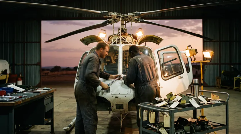 Helicopter maintenance in an African hangar, engineers working on a turbine helicopter