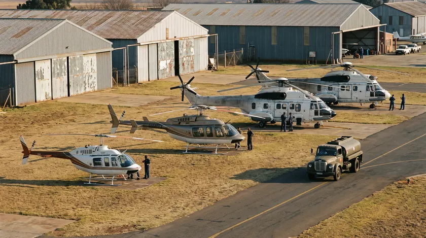 Helicopters for sale lined up at an African airfield